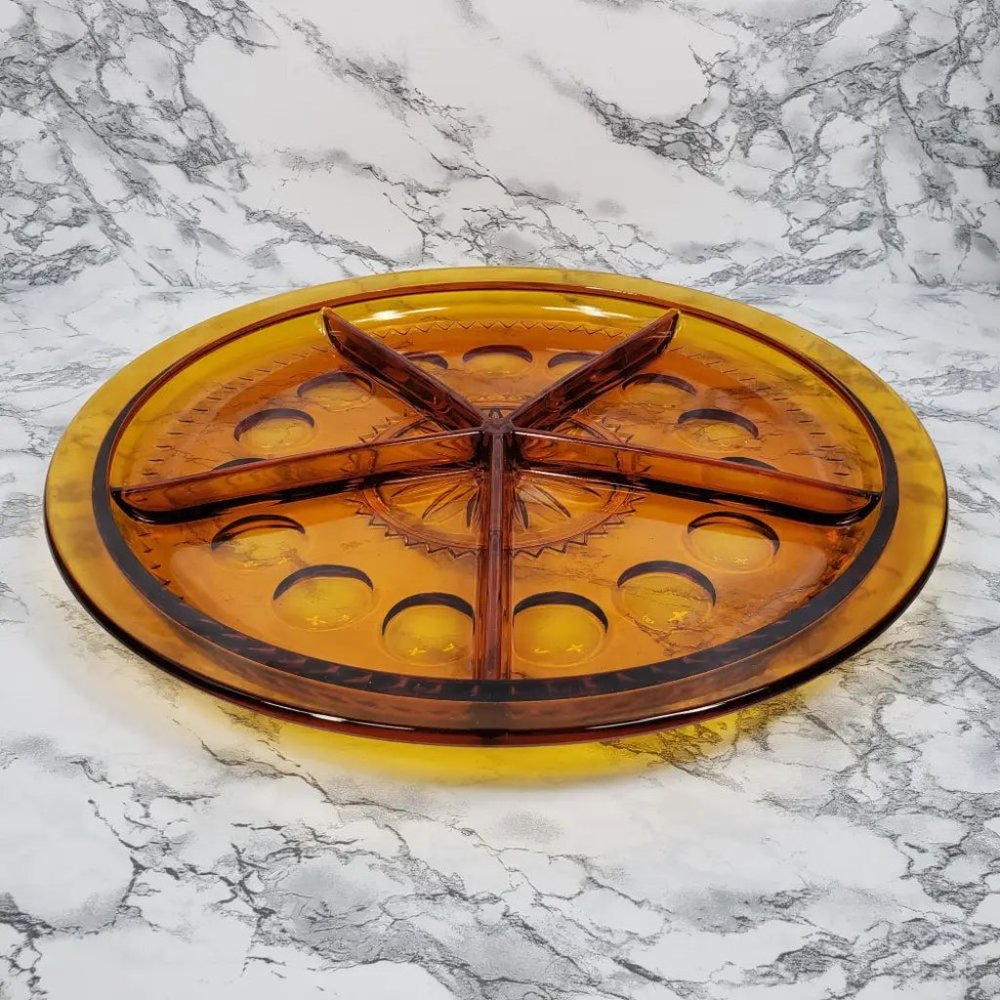 Rare 14" Indiana Amber Kings Crown Thumbprint Serving Tray Vintage